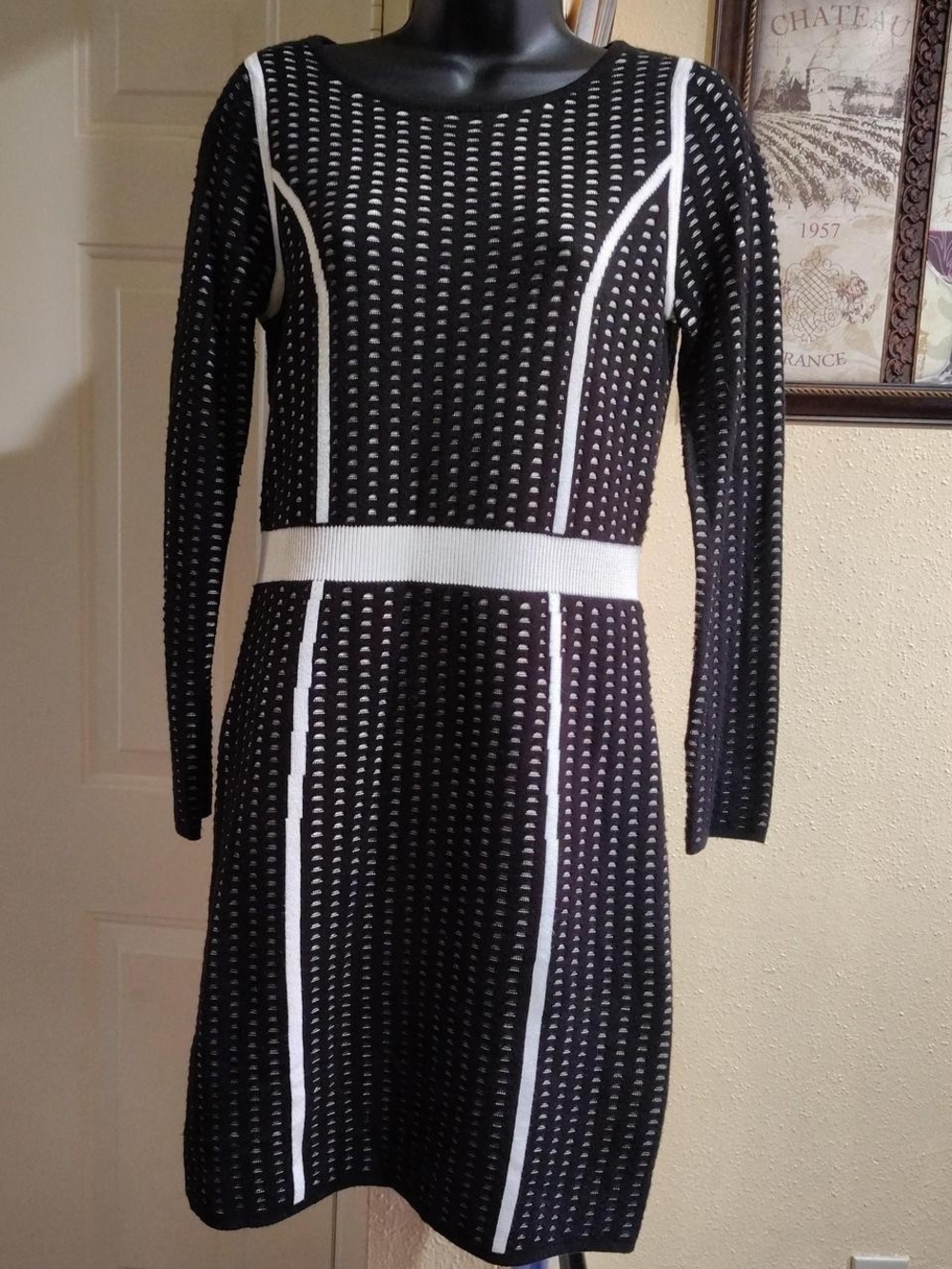 Calvin Klein Black and White Long-Sleeve Knit Dress Size P